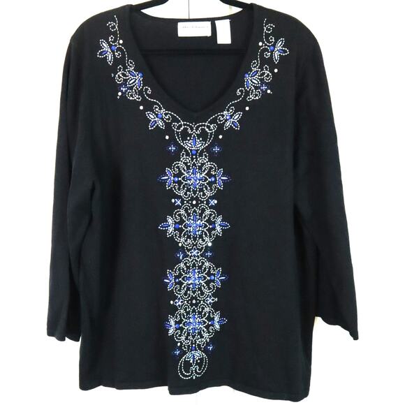 NWOT Alfred Dunner Black & Blue Blouse Beaded Embroidered 3/4 Sleeve Plus 1X - Picture 1 of 9